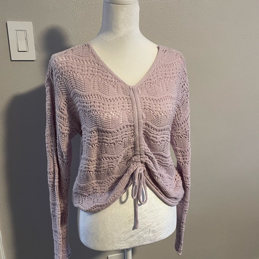 Lavender light weight sweater with front drawstring